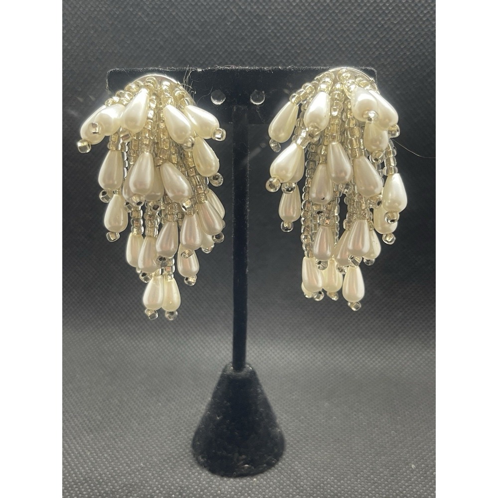 Vtg Faux Pearl Cluster Earrings Rhinestone Beaded Waterfall Wedding Clipback
